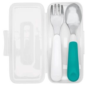 OXO Teal and White Fork and Spoon Set with Case (set of 2: 2 forks and 2 spoons)